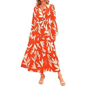 PrettyGarden Women Orange White Polyester V Neck Long Sleeve Floral Maxi Dress